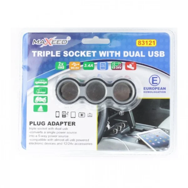 Splitter Αναπτήρα με 3 Υποδοχές και 2x Φορτιστή USB 3.4A DC12-24V