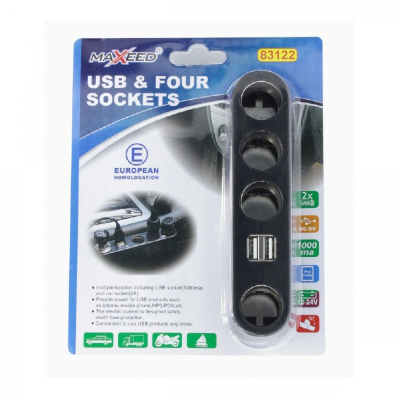 Splitter Αναπτήρα με 4 Υποδοχές και 2x Φορτιστή USB 1000mA DC12-24V Splitter Αναπτήρα με 4 Υποδοχές και 2x Φορτιστή USB 1000mA DC12-24V