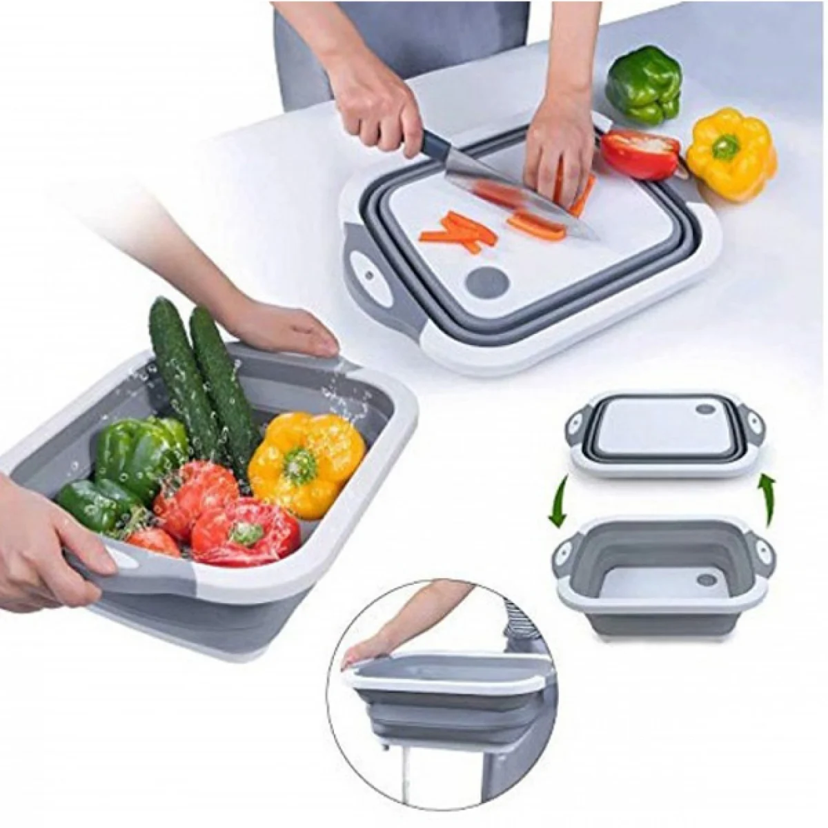 Πτυσσόμενη Πολυλειτουργική Σανίδα Κοπής - Καλάθι Πλυσίματος με Λαβές & Τάπα Αποστράγγισης 28.5x38.5x2.7cm