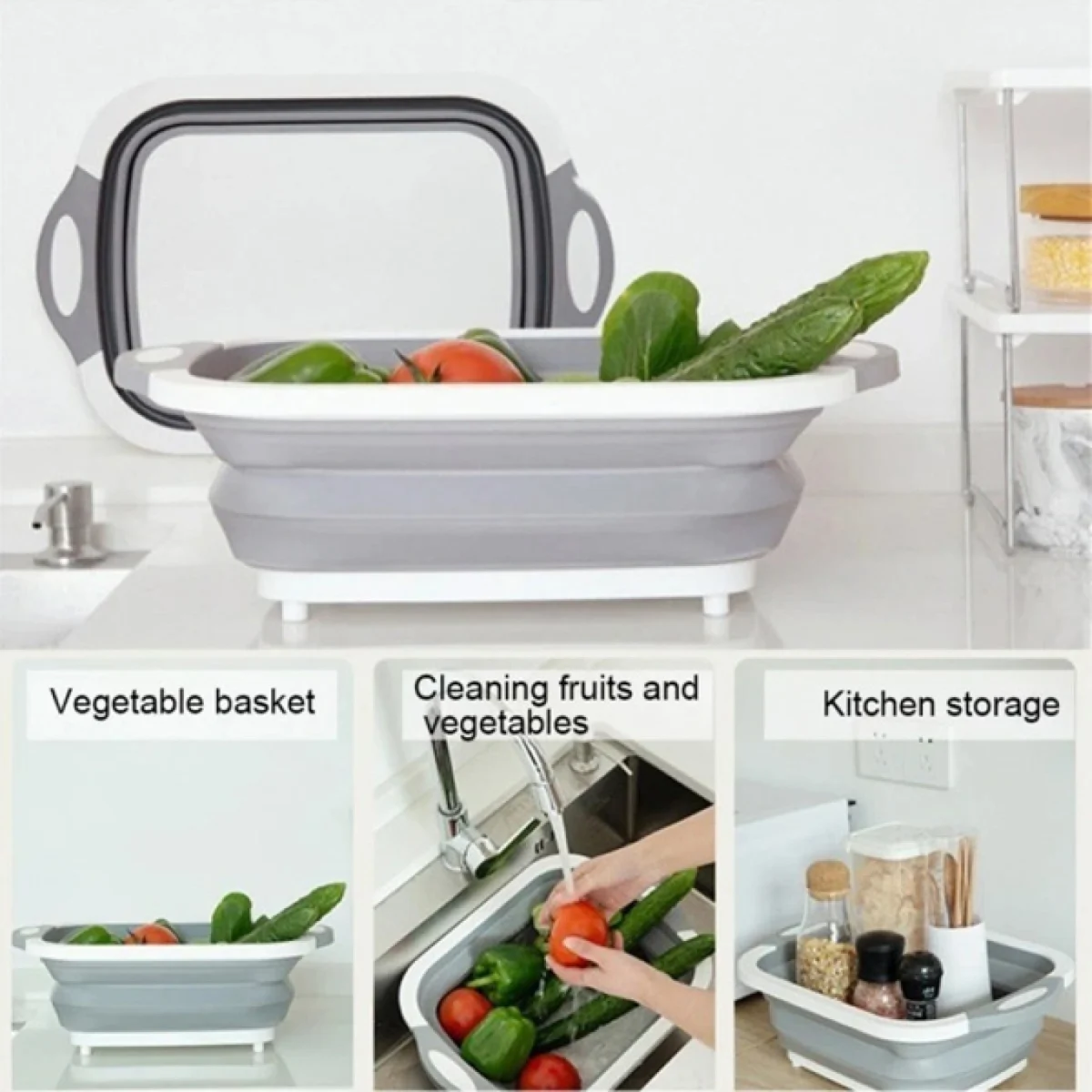 Πτυσσόμενη Πολυλειτουργική Σανίδα Κοπής - Καλάθι Πλυσίματος με Λαβές & Τάπα Αποστράγγισης 28.5x38.5x2.7cm