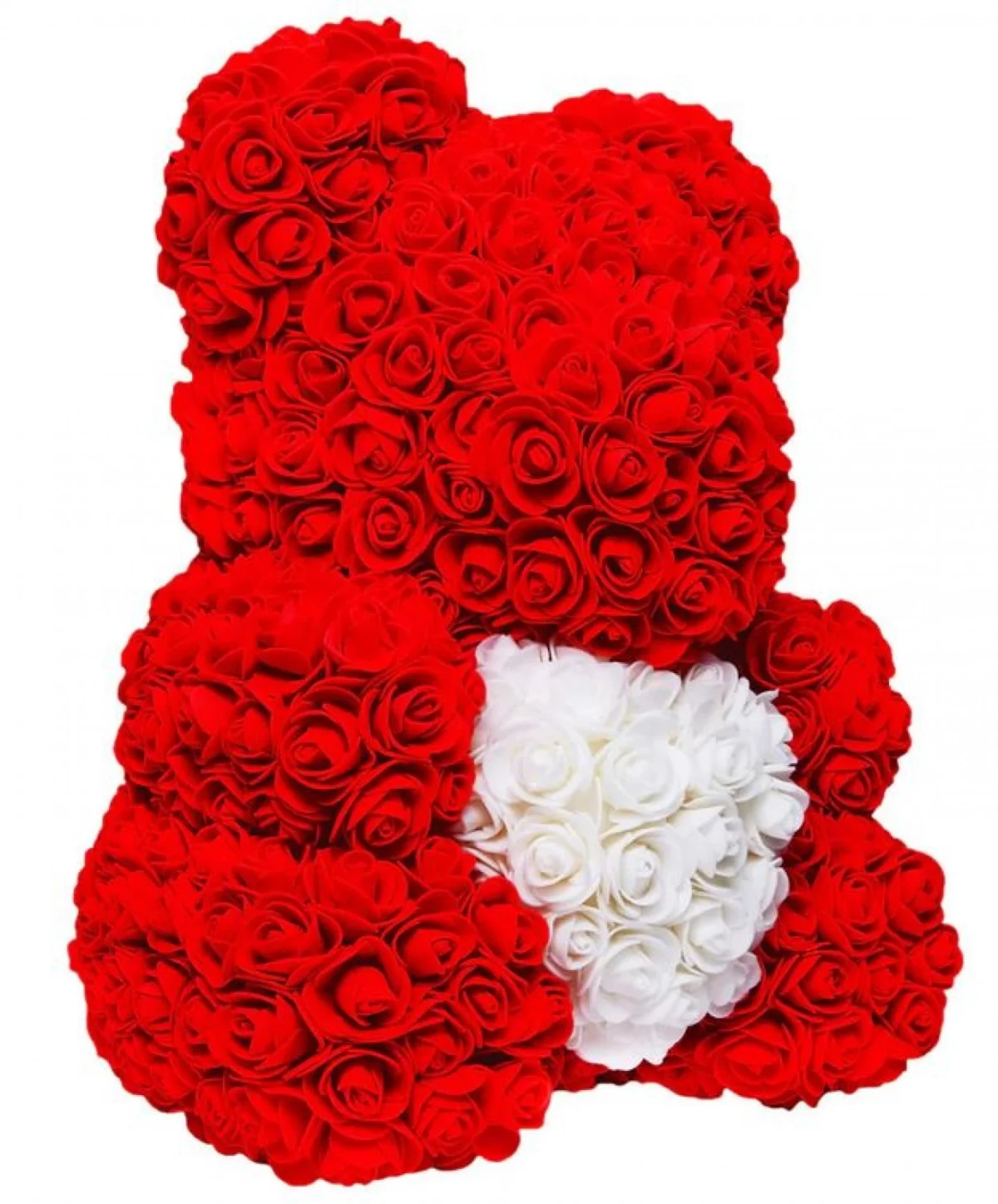 Αρκουδάκι από Τεχνητά Τριαντάφυλλα Κόκκινο με Λευκή Καρδιά 25cm