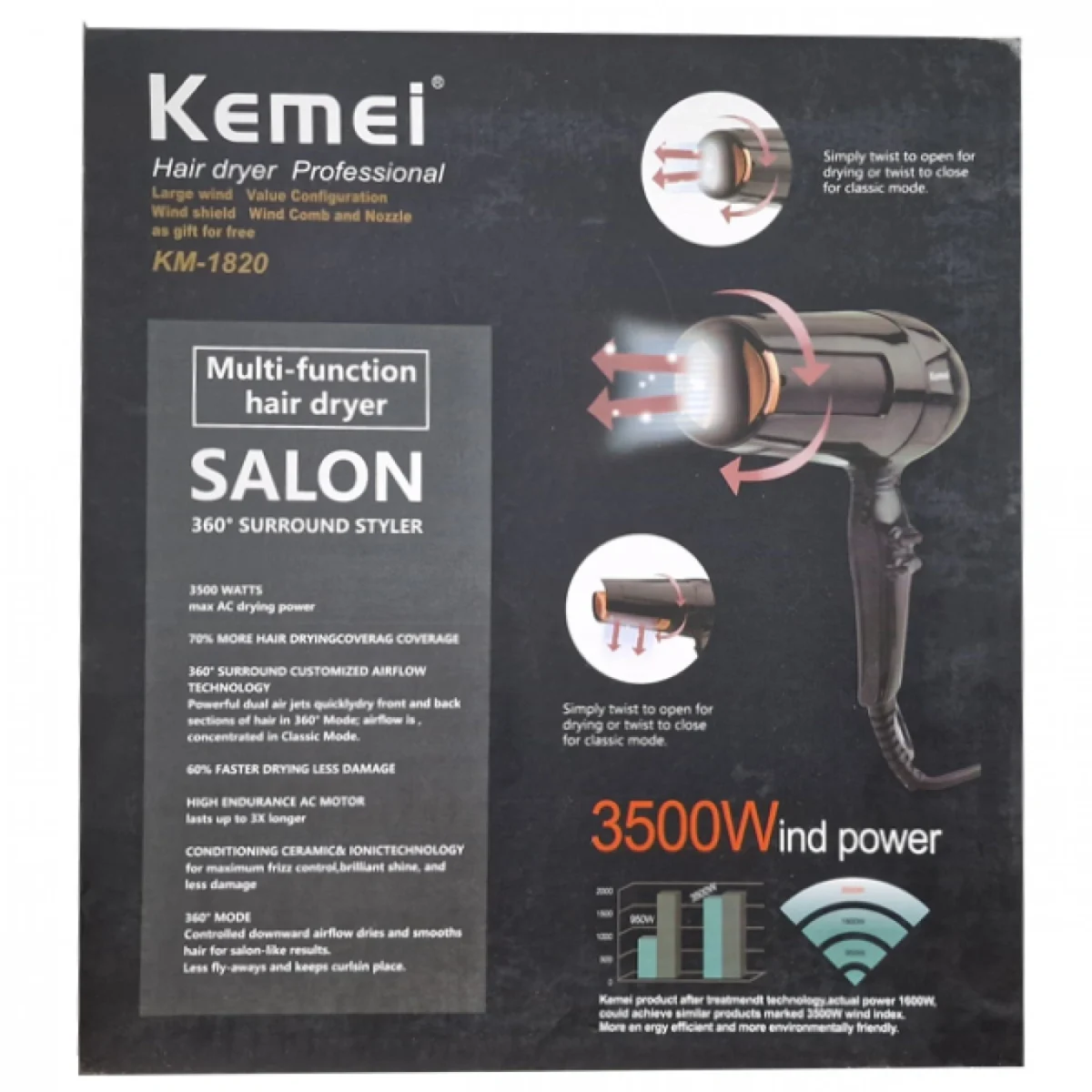 Πιστολάκι-Σεσουάρ Μαλλιών 3500W Surround Styler KEMEI KM-1820