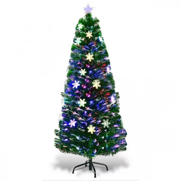 Αυτοφωτιζόμενο Χριστουγεννιάτικο Δέντρο 150εκ Οπτικής Ίνας LED RGB με Χιονονιφάδες και Αστέρι στην Κορυφή