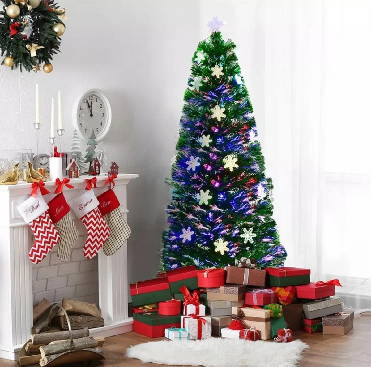 Αυτοφωτιζόμενο Χριστουγεννιάτικο Δέντρο 150εκ Οπτικής Ίνας LED RGB με Χιονονιφάδες και Αστέρι στην Κορυφή