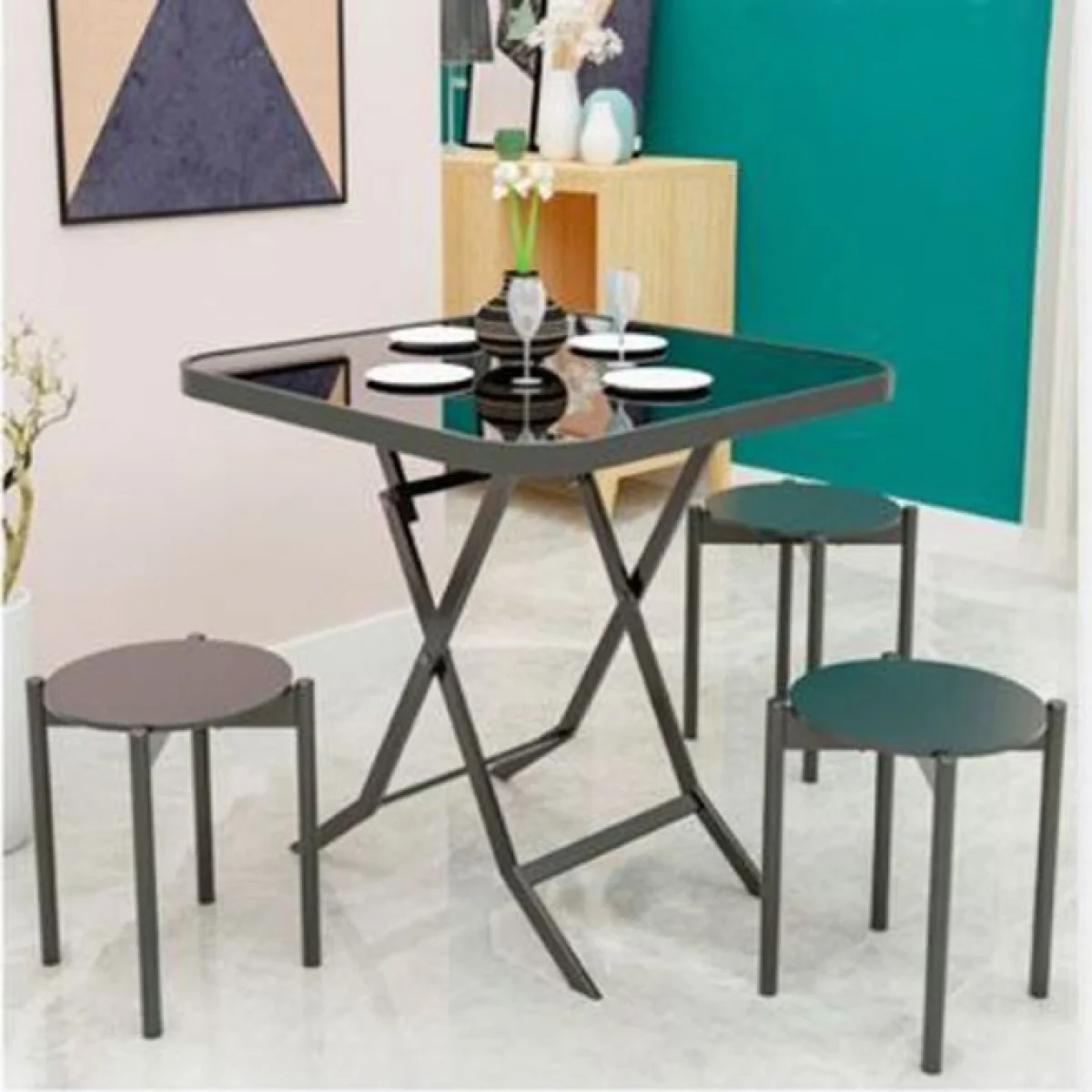 Μαύρο Tέτράγωνο Τραπέζι Πτυσσόμενο με Σκελετό Αλουμινίου και Γυάλινη Επιφάνεια 70cm