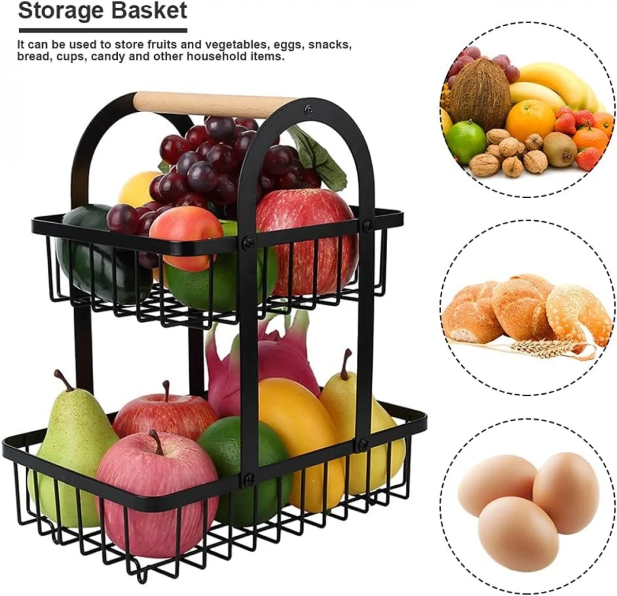 Μεταλλική Ραφιέρα - Φρουτιέρα Κουζίνας-Πάγκου 37x30x18.5cm με Ξύλινη Λαβή