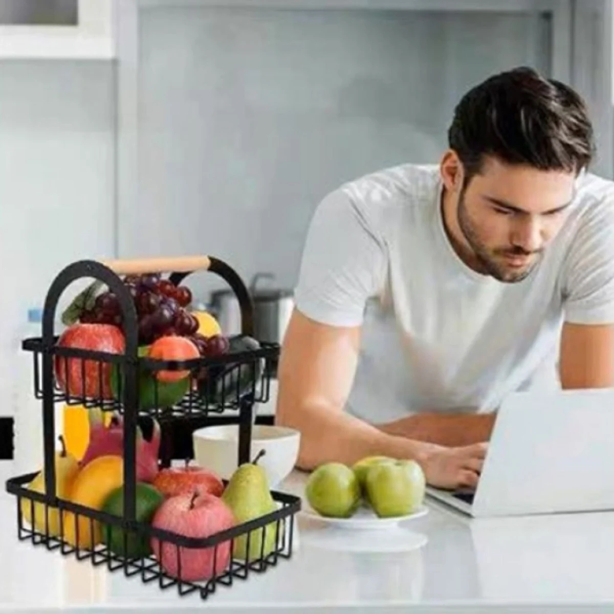 Μεταλλική Ραφιέρα - Φρουτιέρα Κουζίνας-Πάγκου 37x30x18.5cm με Ξύλινη Λαβή