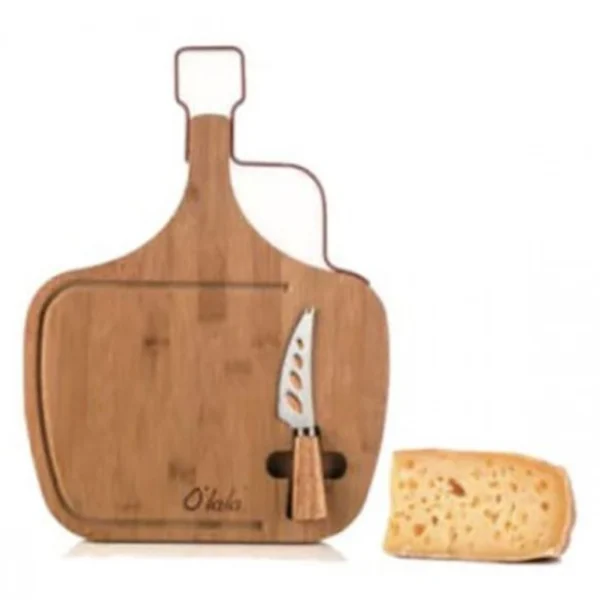 Ξύλινo - Bamboo Πλατώ Σερβιρίσματος Τυριών με Μεταλλική Λαβή, Μαχαίρι και Πιρούνι Τυριού 49x34x1.5 cm