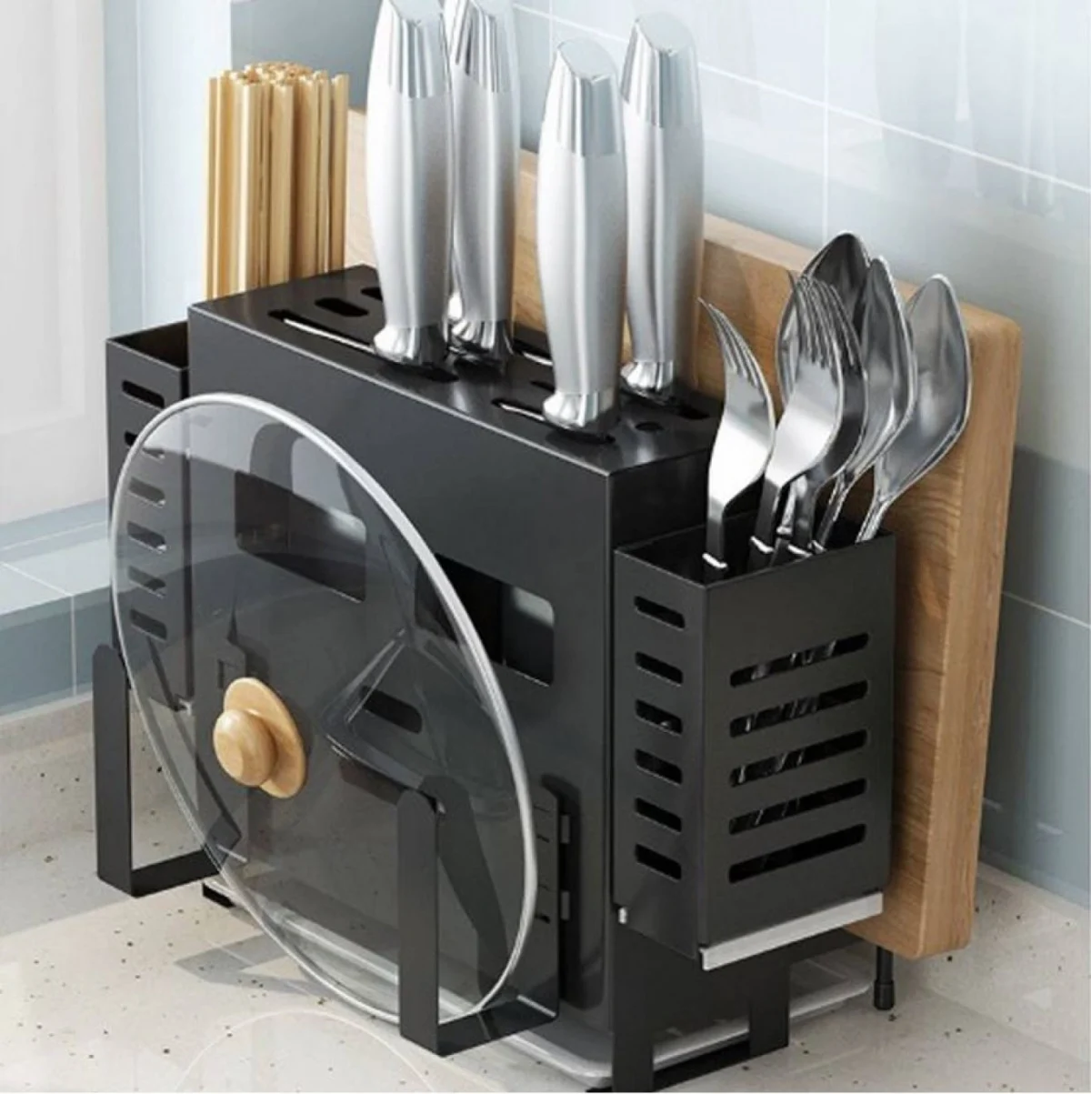 Πολυλειτουργική Θήκη Πάγκου για Μαχαιροπίρουνα - Ξύλο Κοπής και Θέση για Καπάκι Κατσαρόλας με Σχάρα Αποστράγγισης LG-618