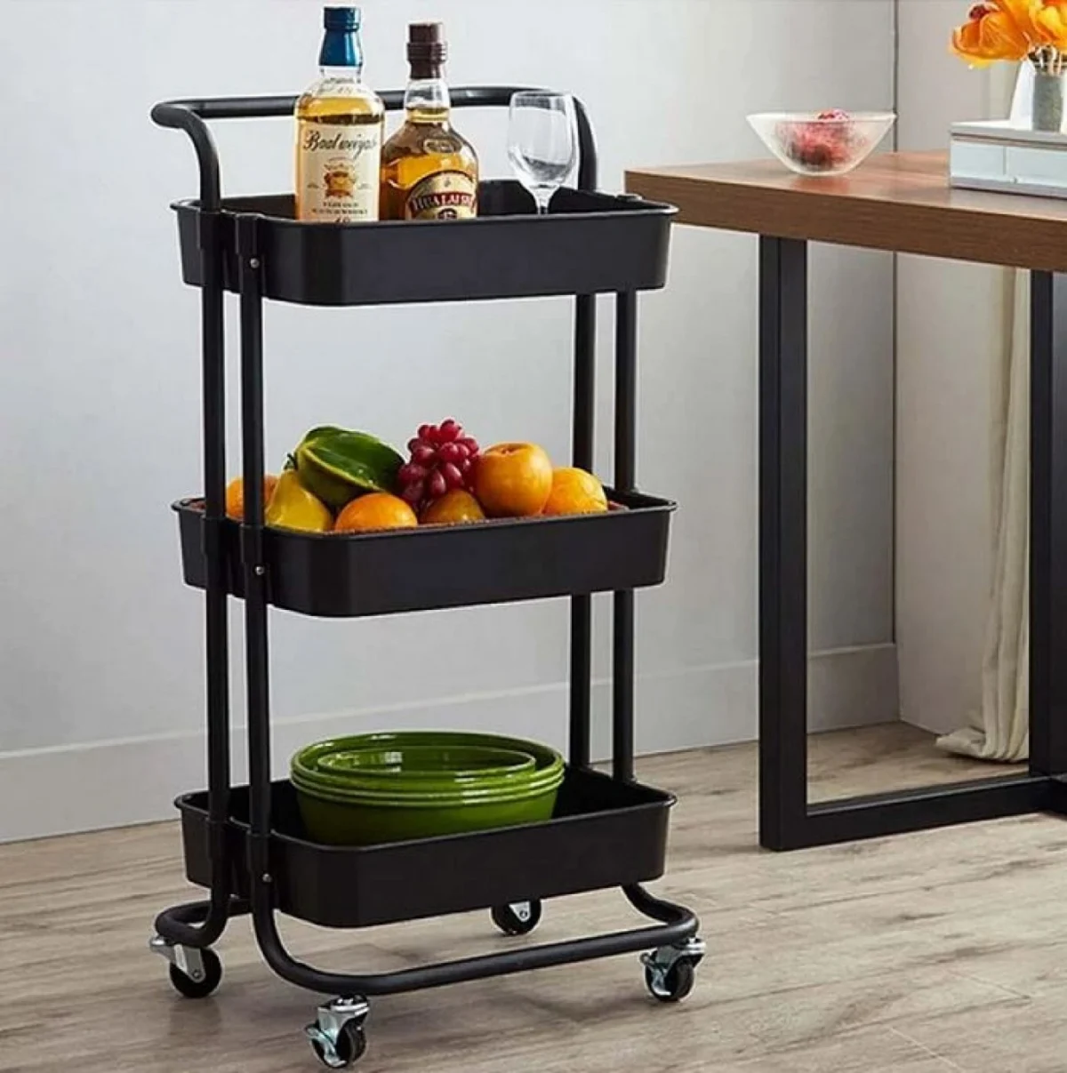 Μεταλλικό Τρόλεϊ Κουζίνας με 3 Διάτρητα Ράφια 43.5 x 36 x 85 cm Χρώματος Μαύρο