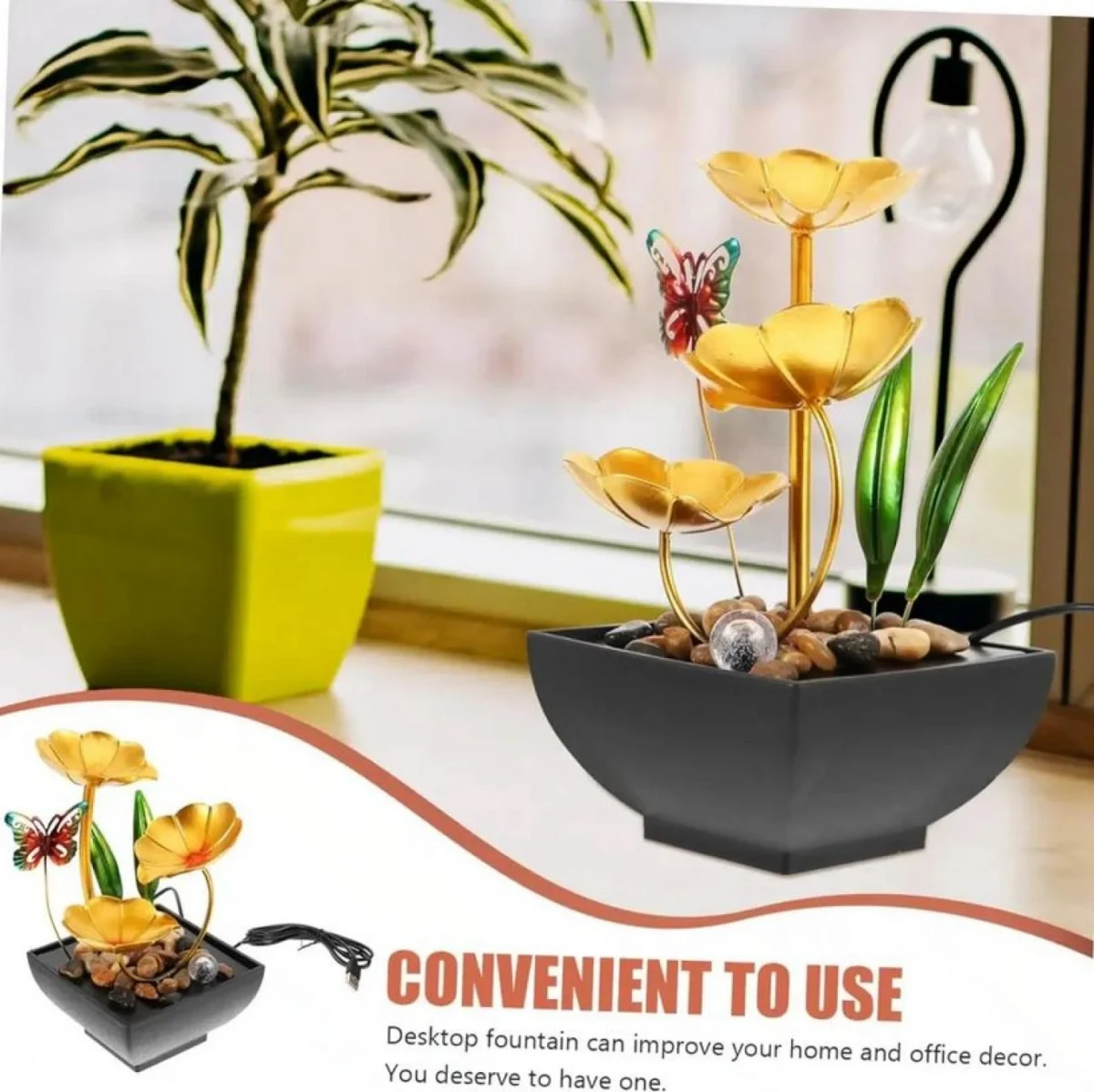 Διακοσμητικό Συντριβάνι Feng Shui Εσωτερικού & Εξωτερικού Χώρου 220V με Φωτισμό LED, Χρυσά - Πράσινα Φύλλα, Πεταλούδα & Πέτρες 23x12x12cm