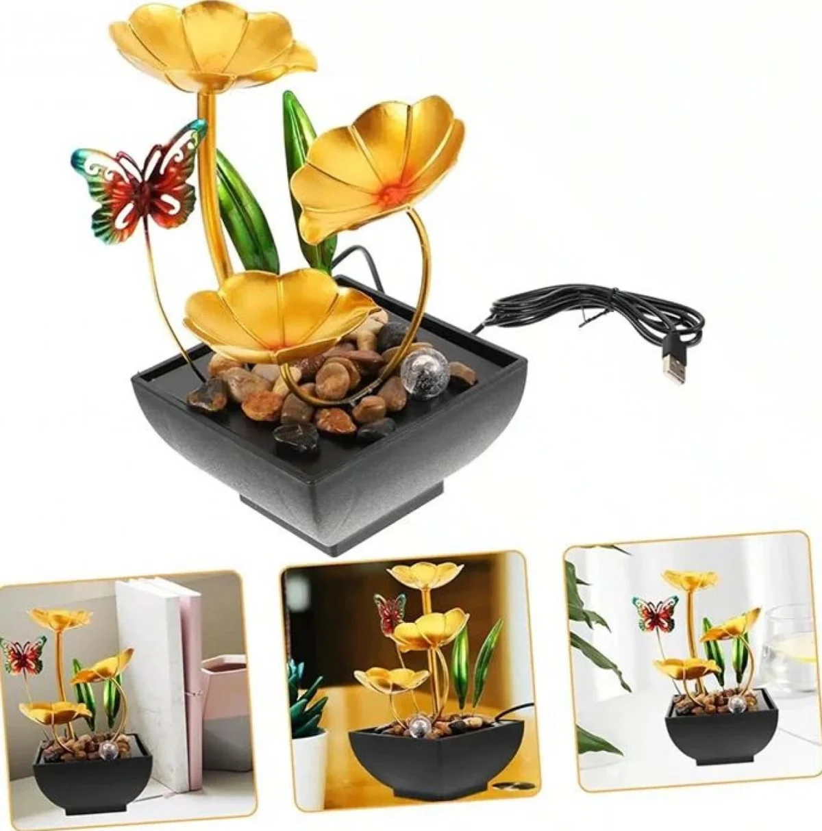 Διακοσμητικό Συντριβάνι Feng Shui Εσωτερικού & Εξωτερικού Χώρου 220V με Φωτισμό LED, Χρυσά - Πράσινα Φύλλα, Πεταλούδα & Πέτρες 23x12x12cm