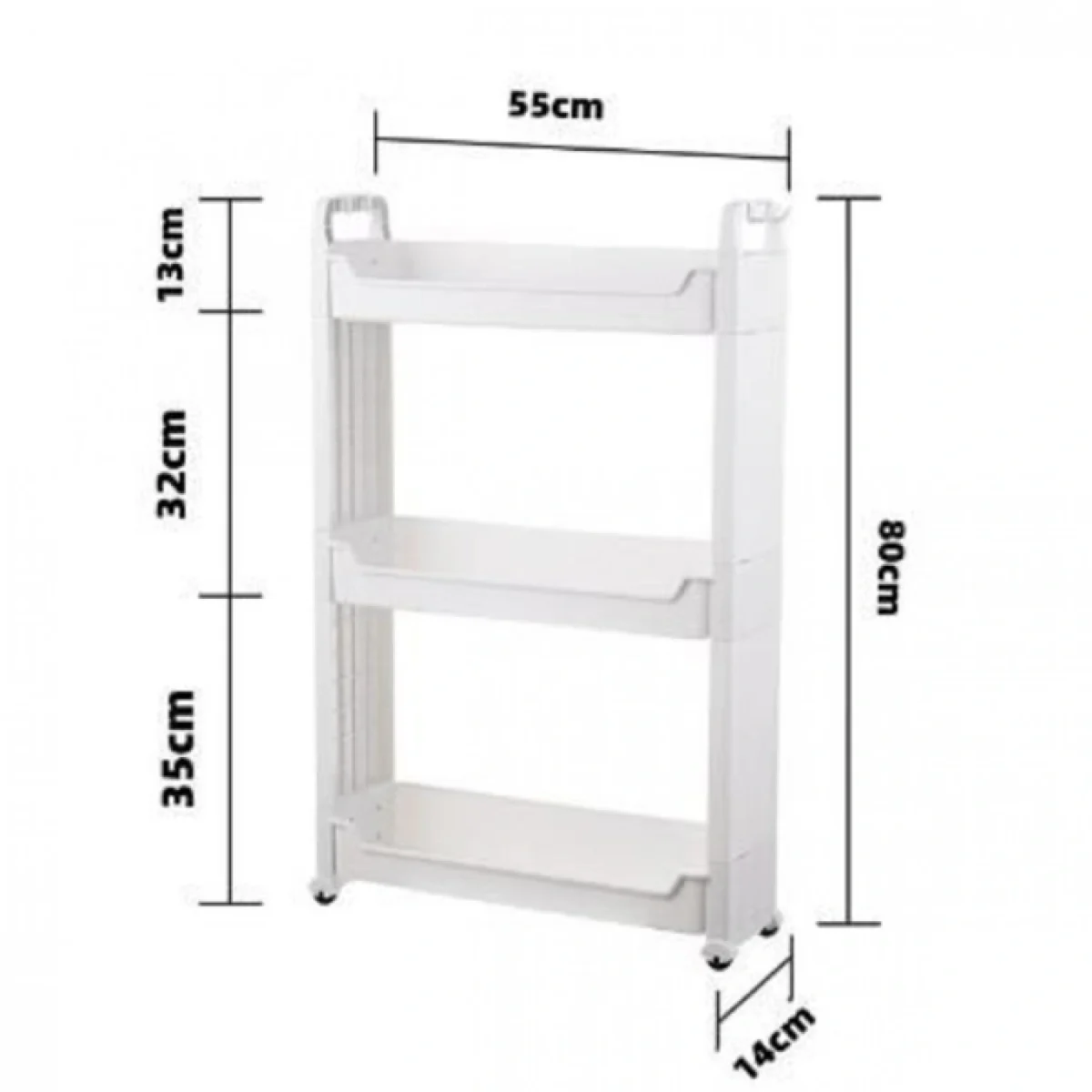 Τροχήλατη Στενή Ραφιέρα, Βάση Οργάνωσης με 3 Ράφια 80x55x14cm Πλαστική Λευκή
