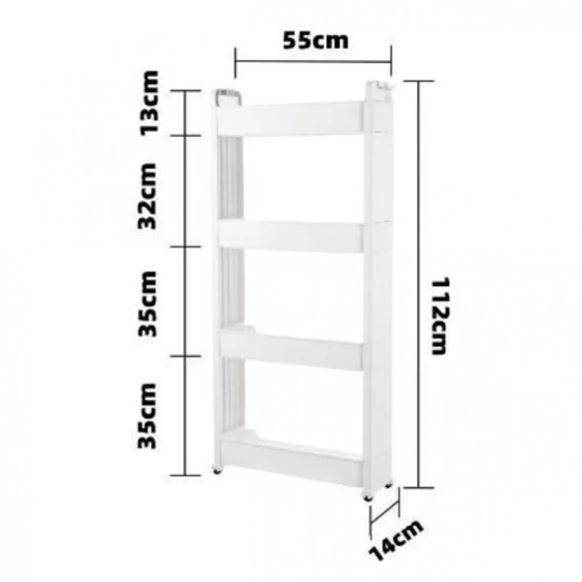 Τροχήλατη Στενή Ραφιέρα, Βάση Οργάνωσης με 4 Ράφια 1,12x55x14cm Πλαστική Λευκή