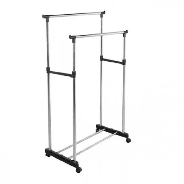 Πτυσσόμενη Ασημί Φορητή Κρεμάστρα & Παπουτσοθήκη Διπλού Πόλου με Ρυθμιζόμενη Βάση & Ροδάκια - Δαπέδου 80-160 x 140X42CM