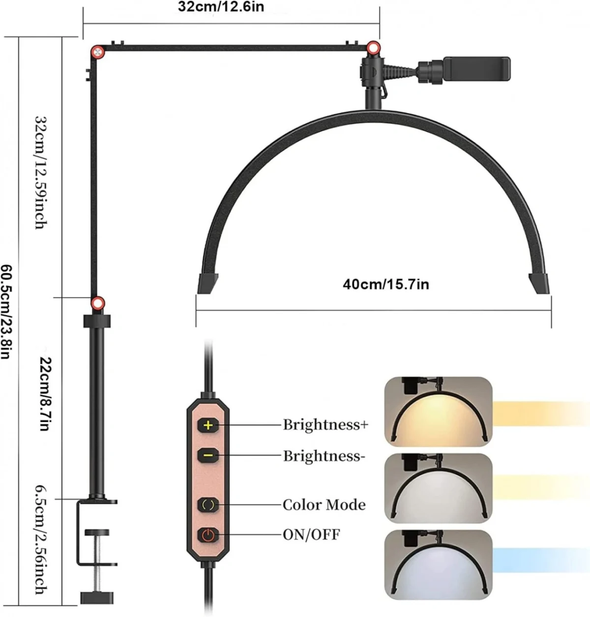 Κυρτό Φωτιστικό “Μισοφέγγαρο” με Ρυθμιζόμενο Φωτισμό και Βάση Στήριξης Clamp