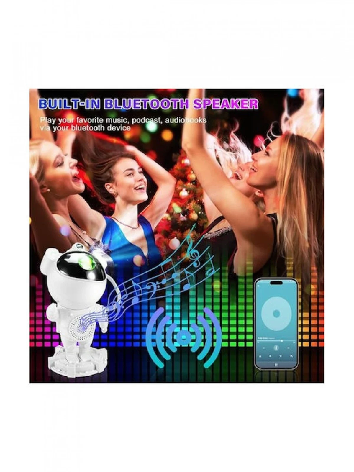 Led Φωτιστικό - Ηχείο Bluetooth Προτζέκτορας Nebula Αστροναύτη