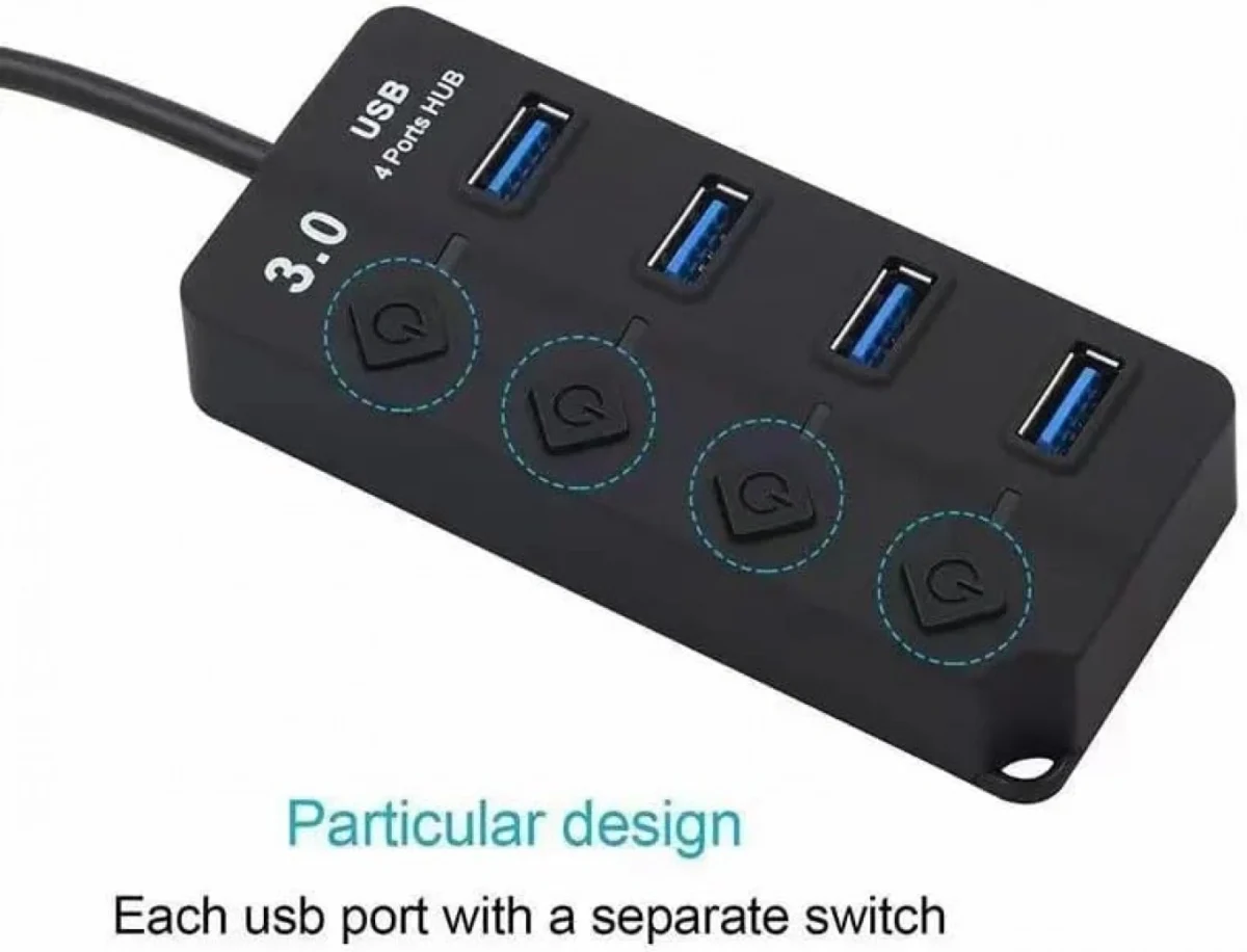 HQ-4-PORT Αντάπτορας-USB HUB Γρήγορης Φόρτισης & Μεταφοράς Δεδομένων έως 5Gbps με 4 Θύρες USB 3.0 LED Φωτισμό Λειτουργίας & Διακόπτες On/ Off