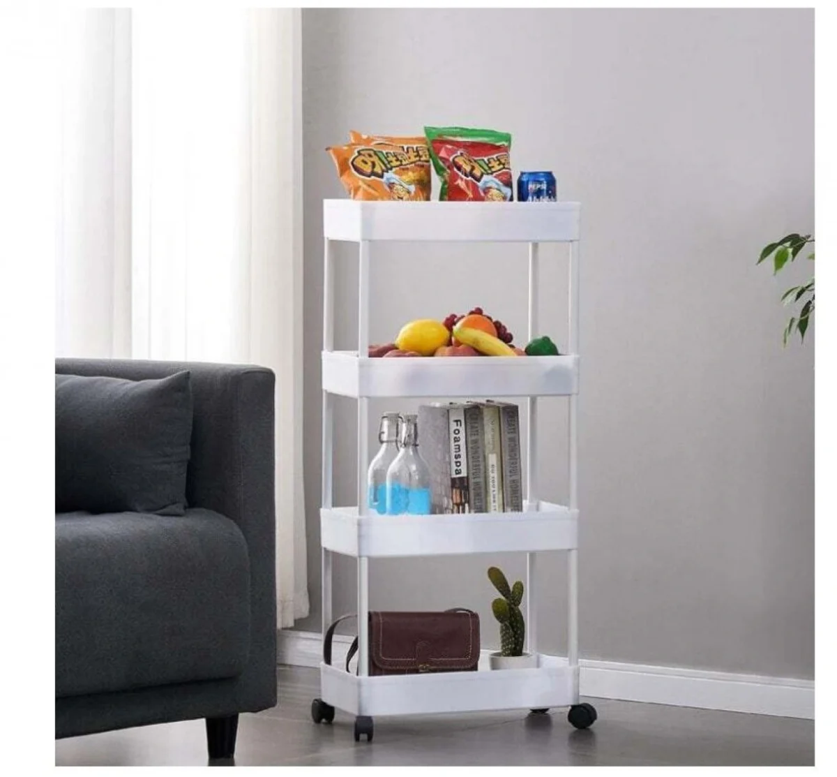 Πλαστικό Τρόλεϊ Κουζίνας με Ξύλινη Επιφάνεια 3 Ράφια και Συρτάρι σε Λευκό Χρώμα 40x26x85 cm