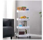 Πλαστικό Τρόλεϊ Κουζίνας με Ξύλινη Επιφάνεια 3 Ράφια και Συρτάρι σε Λευκό Χρώμα 40x26x85 cm