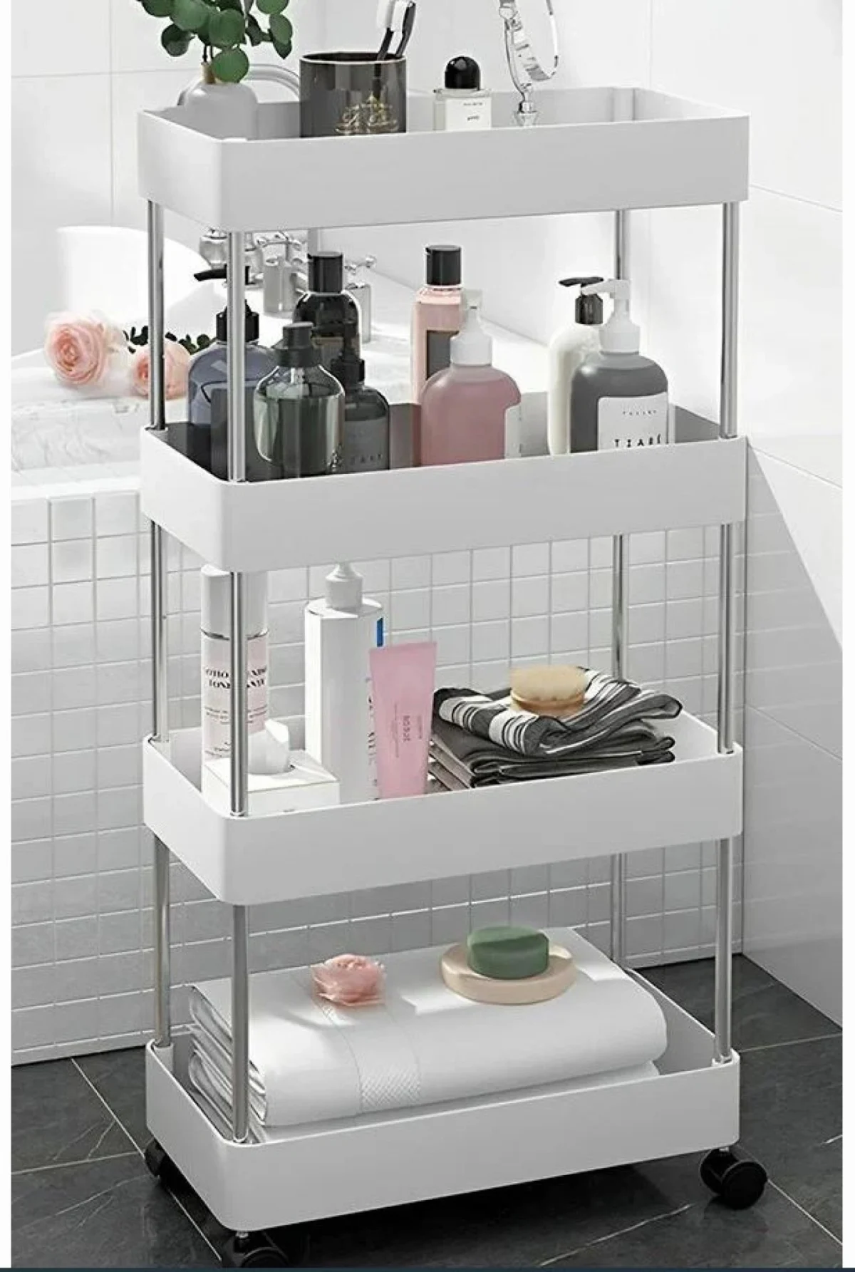 Τροχήλατη Ραφιέρα - Καρότσι Τεσσάρων Επιπέδων με 4 Καλάθια & Ροδάκια - Τρόλεϊ Οργάνωσης, Διακόσμησης 80x40x12.5cm - Λευκό