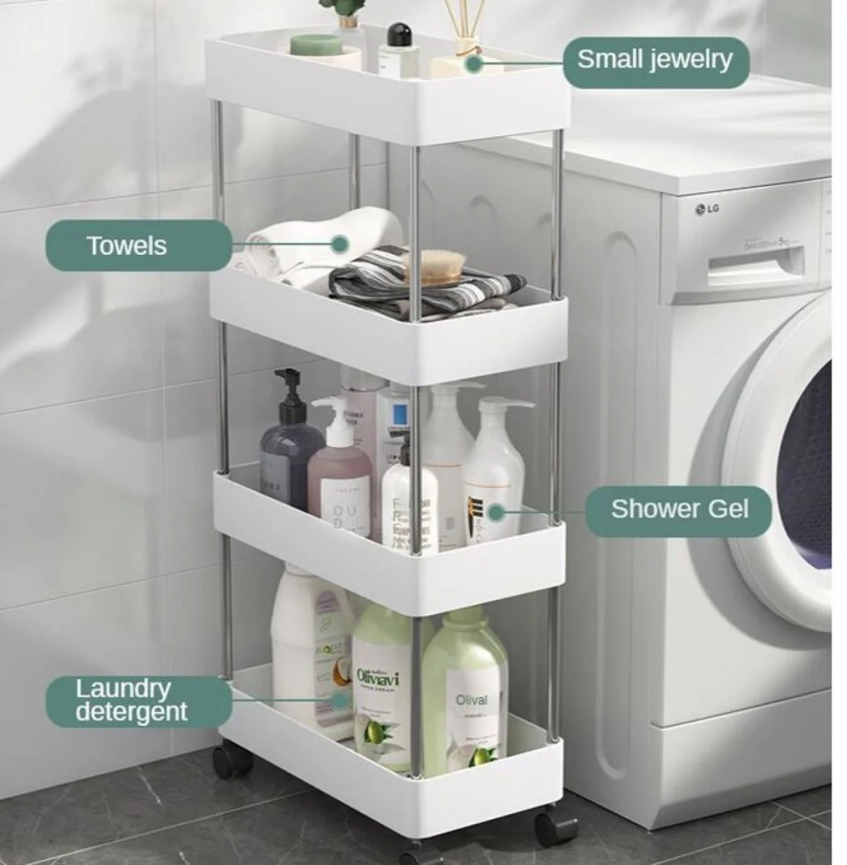 Τροχήλατη Ραφιέρα - Καρότσι Τεσσάρων Επιπέδων με 4 Καλάθια & Ροδάκια - Τρόλεϊ Οργάνωσης, Διακόσμησης 80x40x12.5cm - Λευκό