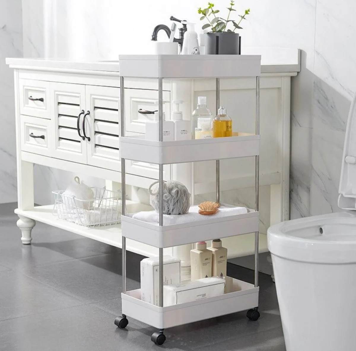 Τροχήλατη Ραφιέρα - Καρότσι Τεσσάρων Επιπέδων με 4 Καλάθια & Ροδάκια - Τρόλεϊ Οργάνωσης, Διακόσμησης 80x40x12.5cm - Λευκό