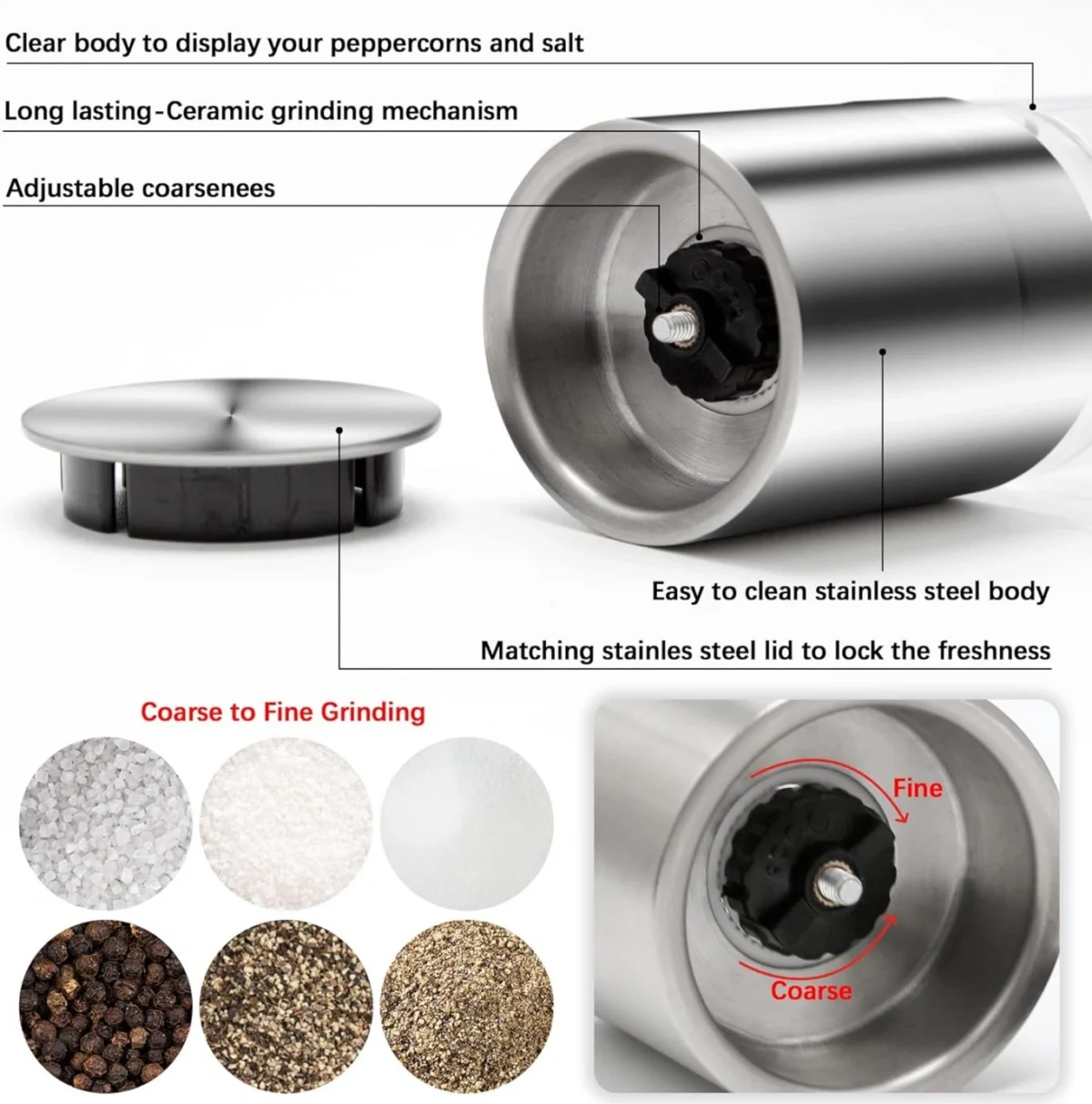 Διπλός Χειροκίνητος Μύλος Μπαχαρικών/Αλατιού/Πιπεριού 22cm