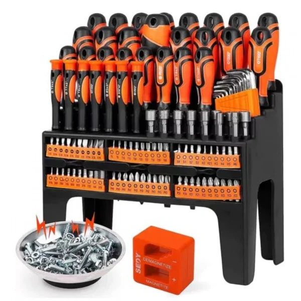 Σετ 100 Μαγνητικών Κατσαβιδιών από Ανοξείδωτο Χάλυβα με Ραφιέρα - Βάση