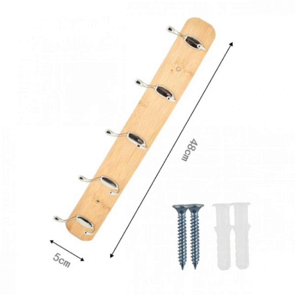Ξύλινη Κρεμάστρα Τοίχου 5 Θέσεων με Διπλά Γατζάκια 48X5cm