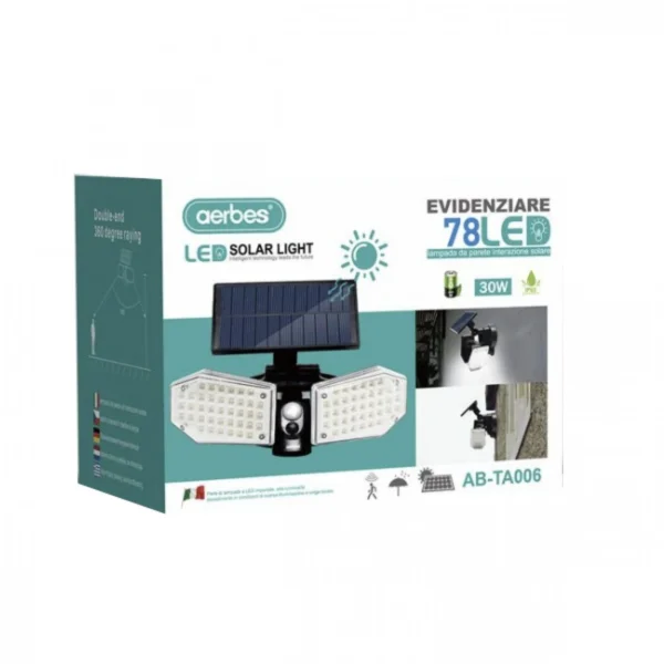 Αδιάβροχος Διπλός Ηλιακός Προβολέας 78 LED 30W Εξωτερικού Χώρου με Περιστρεφόμενους Βραχίονες, 3 Έξυπνες Λειτουργίες Φωτισμού, Αισθητήρα Κίνησης & Φωτός