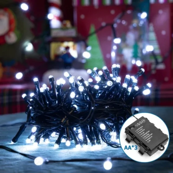 Χριστουγεννιάτικα Λαμπάκια Μπαταρίας με Πράσινο Καλώδιο 15m με Ψυχρό Λευκό Φωτισμό και 8 Προγράμματα Λειτουργίας 29771