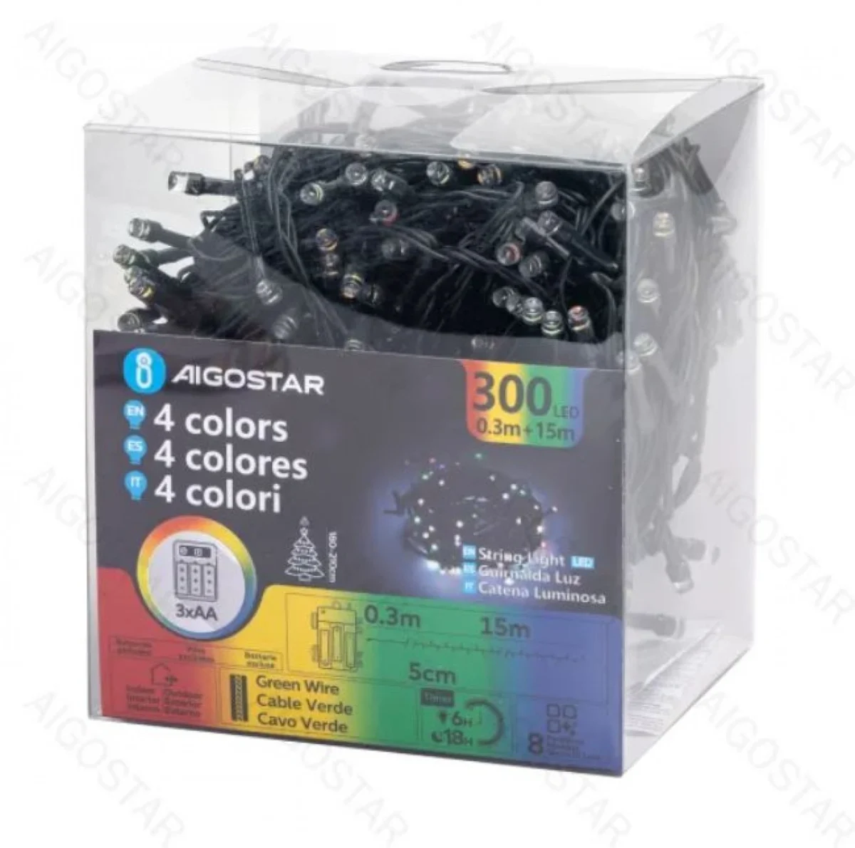 Χριστουγεννιάτικα Λαμπάκια Μπαταρίας με Πράσινο Καλώδιο 15m με Πολύχρωμο Φωτισμό και 8 Προγράμματα Λειτουργίας 29774