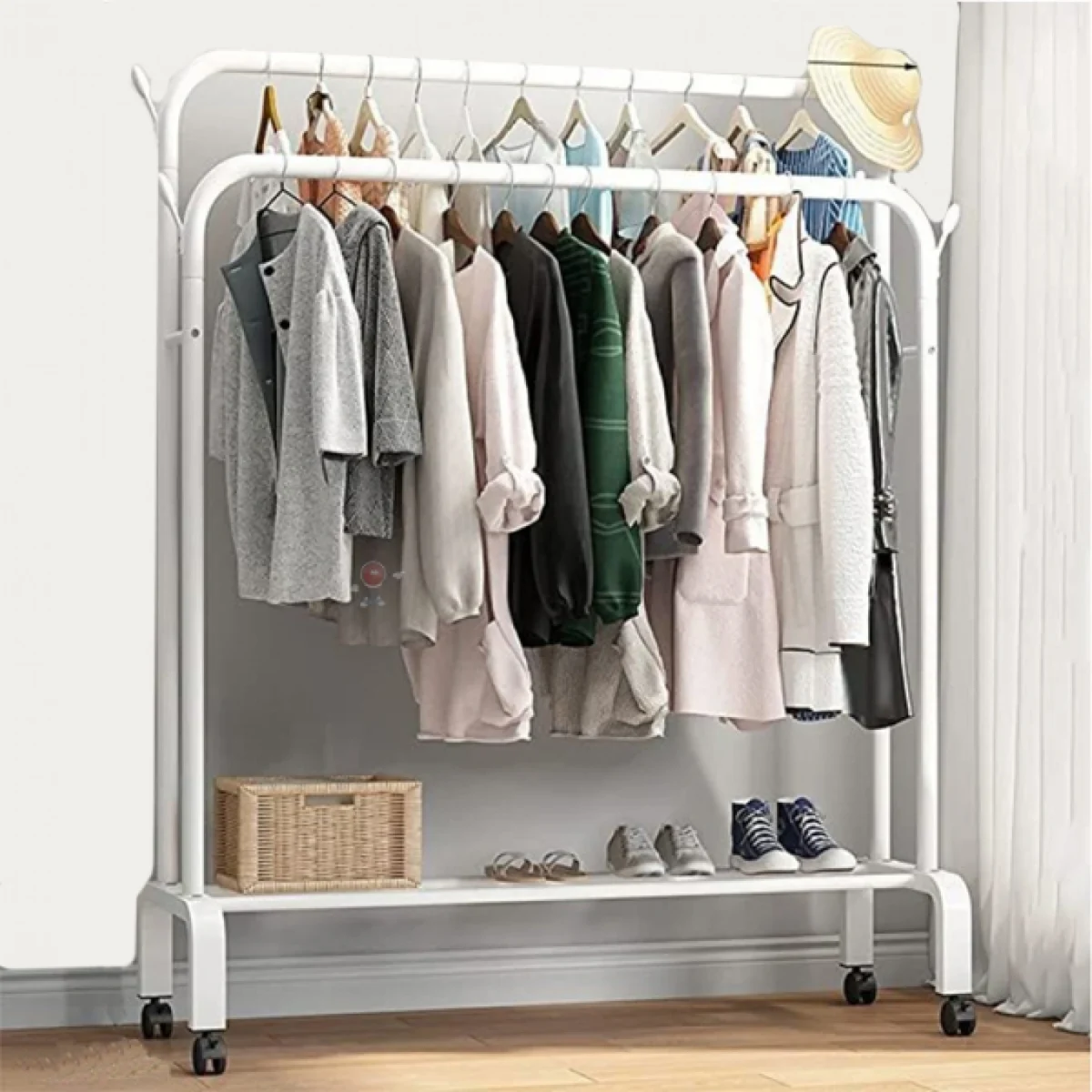 Τροχήλατη Μεταλική Κρεμάστρα Δαπέδου - Παπουτσοθήκη - Βεστιάριο Τρόλεϊ 150x110x54cm