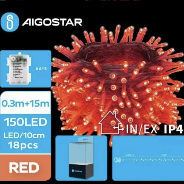 Χριστουγεννιάτικα Λαμπάκια Μπαταρίας με Διάφανο Καλώδιο 15m με Κόκκινο Φωτισμό και 8 Προγράμματα Λειτουργίας 29750