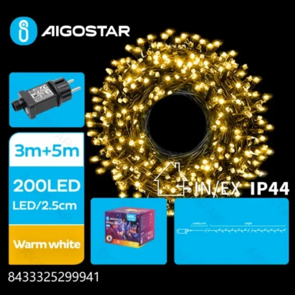 Χριστουγεννιάτικα Λαμπάκια Ρεύματος με Πράσινο Καλώδιο 5m με Θερμό Φωτισμό και 8 Προγράμματα Λειτουργίας 29994