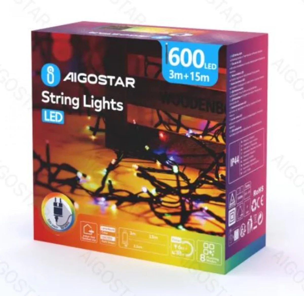 Χριστουγεννιάτικα Λαμπάκια Ρεύματος με Πράσινο Καλώδιο 15m με Πολύχρωμο Φωτισμό και 8 Προγράμματα Λειτουργίας 30528