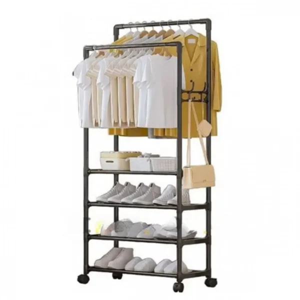 Διπλή Μεταλλική Τροχήλατη Κρεμάστρα Δαπέδου & Παπουτσοθήκη Βεστιάριο Οργάνωσης Δωματίου 188x56x33cm - Μαύρη