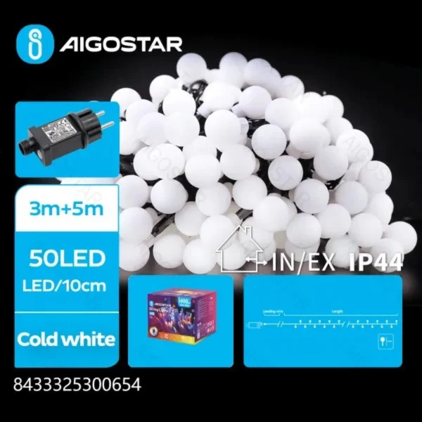 Χριστουγεννιάτικα Λαμπάκια Ρεύματος με Λευκό Καλώδιο 5m με Λευκό Ψυχρο Φωτισμό και 8 Προγράμματα Λειτουργίας 30065