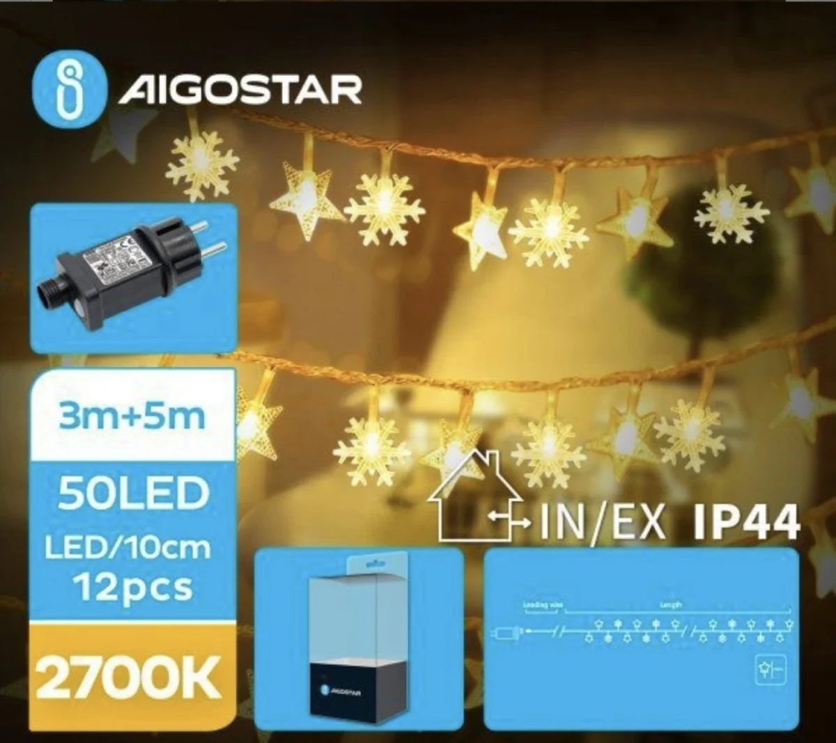 Χριστουγεννιάτικα Λαμπάκια Ρεύματος σε Σχήμα Αστεριού με Διάφανο Καλώδιο 5m με Θερμό Φωτισμό και 8 Προγράμματα Λειτουργίας 30075