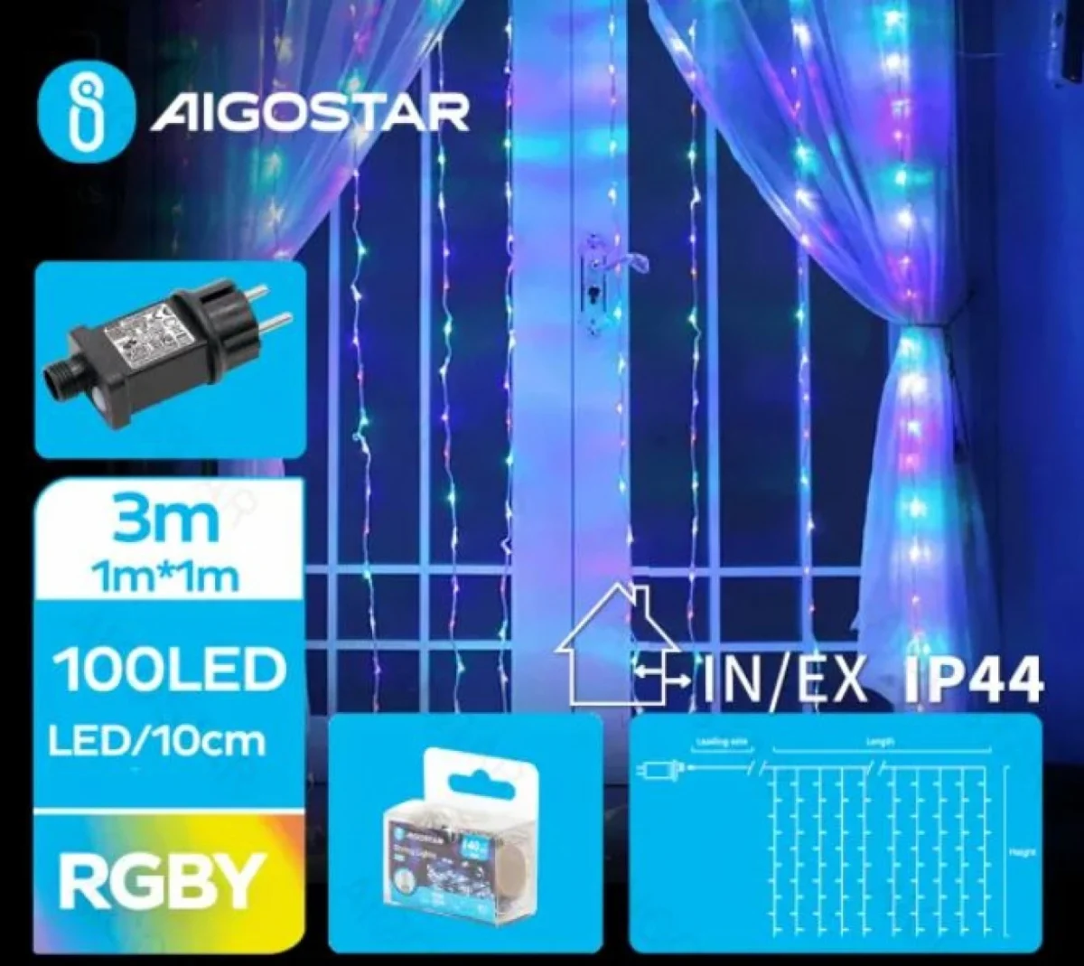 Χριστουγεννιάτικα Λαμπάκια Κουρτίνα Ρεύματος με Διάφανο Καλώδιο 1.5x1.5m με Πολύχρωμο Φωτισμό και 8 Προγράμματα Λειτουργίας 30012