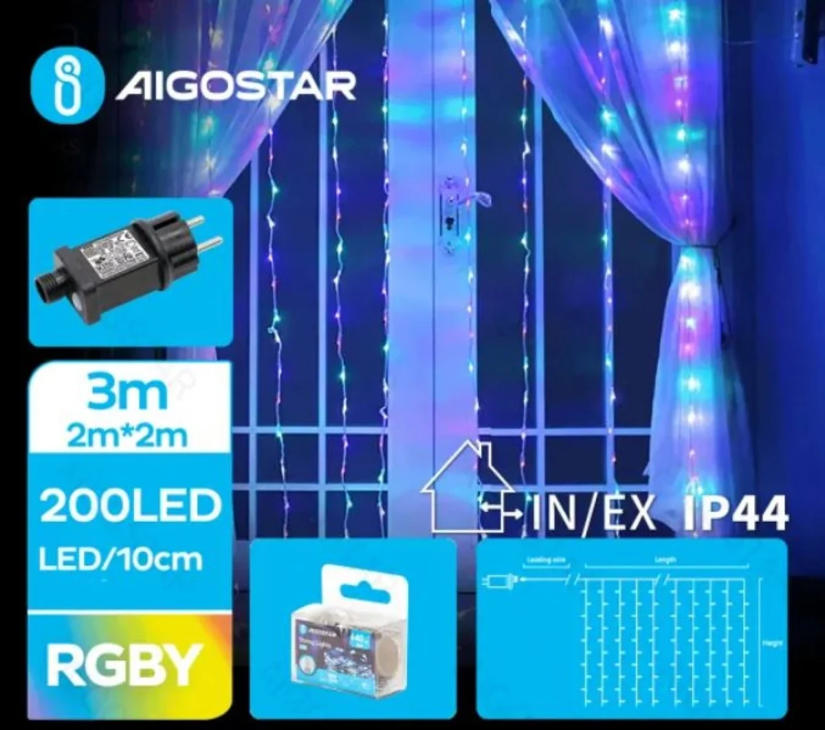 Χριστουγεννιάτικα Λαμπάκια Κουρτίνα Ρεύματος με Διάφανο Καλώδιο 2x2m με Πολύχρωμο Φωτισμό και 8 Προγράμματα Λειτουργίας 30013