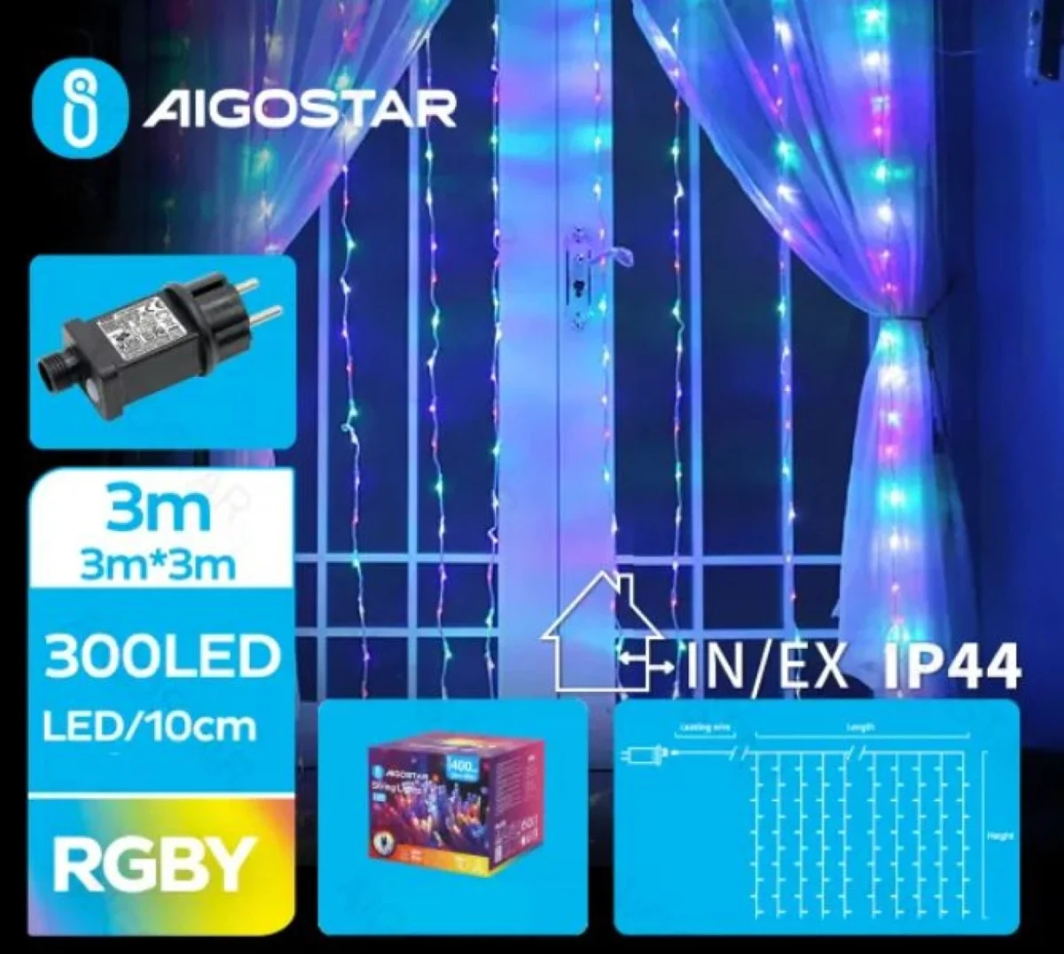 Χριστουγεννιάτικα Λαμπάκια Κουρτίνα Ρεύματος με Διάφανο Καλώδιο 3x3m με Πολύχρωμο Φωτισμό και 8 Προγράμματα Λειτουργίας 30014