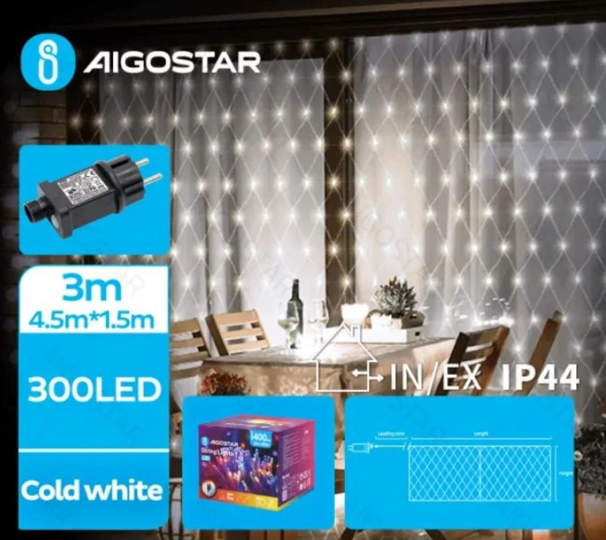 Χριστουγεννιάτικα Λαμπάκια Πλέγμα Δίχτυ Ρεύματος με Διάφανο Καλώδιο 1,5x4.5m μεΛευκό Ψυχρό Φωτισμό και 8 Προγράμματα Λειτουργίας 30044