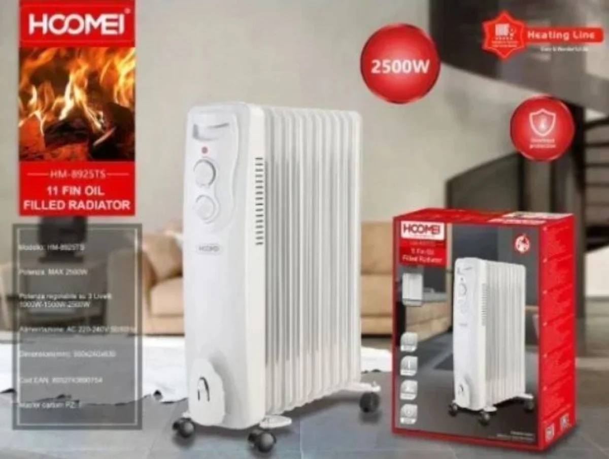 Ηλεκτρικό Καλοριφέρ Λαδιού 2500W με 3 Επίπεδα Ρύθμισης Θερμότητας - Hoomei