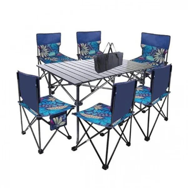 Σετ με Αναδιπλούμενο Φορητό Μεταλλικό Τραπέζι Μαύρο 95x55x50cm με 6 Καρέκλες Πτυσσόμενες Floral
