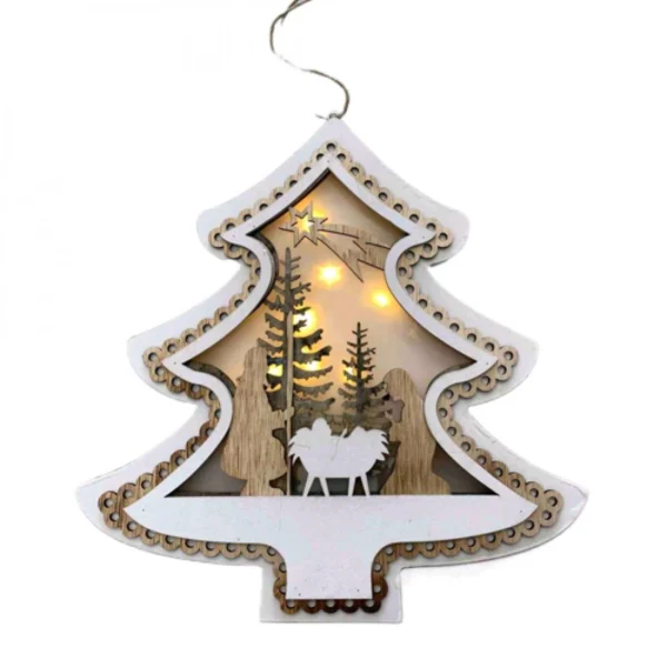 Κρεμαστό Χριστουγεννιάτικο Ξύλινο Στολίδι με Φωτισμό LED “Δέντρο με Φάτνη”.