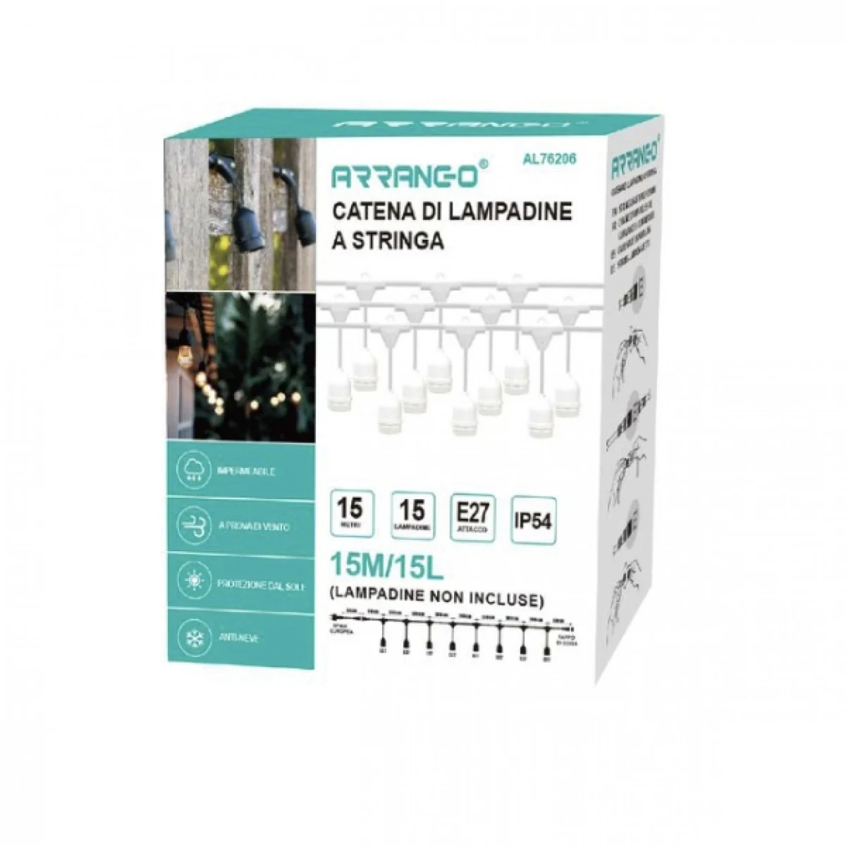 Αδιάβροχη Γιρλάντα με 10 Κρεμαστά Ντουί E27 15m Λευκή