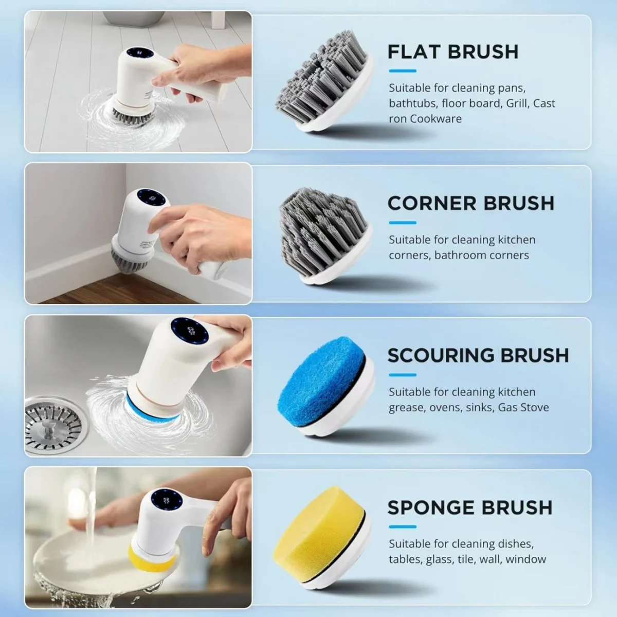 Επαναφορτιζόμενη Ασύρματη Ηλεκτρική Περιστρεφόμενη Βούρτσα Καθαρισμού με 3 Κεφαλές 3 σε 1 Rechargable Brush