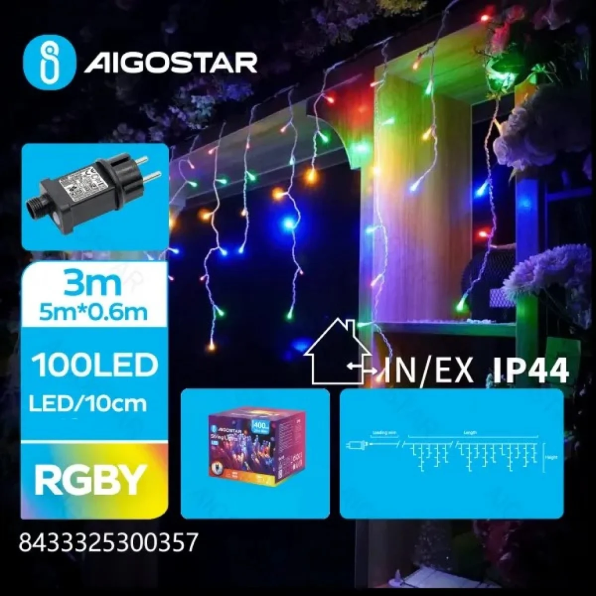 Χριστουγεννιάτικα Λαμπάκια Βροχή Ρεύματος με Διάφανο Καλώδιο 5x0,6m με Πολύχρωμο Φωτισμό και 8 Προγράμματα Λειτουργίας 30035